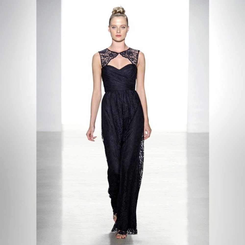 Amsale black lace formal gown maxi‎ with lace detail at neck.